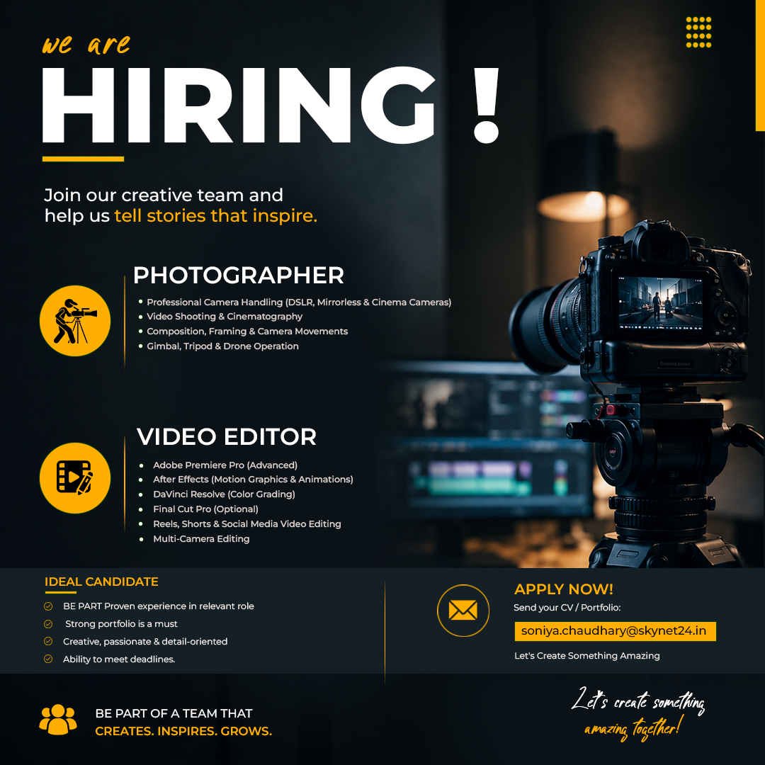 Hiring poster for Photographer and Video Editor roles